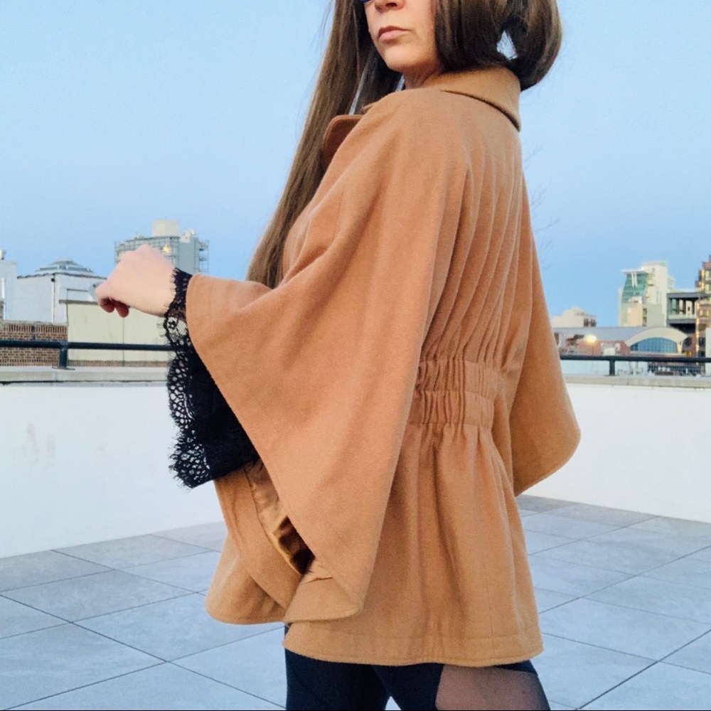 Aqua Camel Wool Bat Wing Ruffled Pea Coat Poncho - Picture 4 of 16